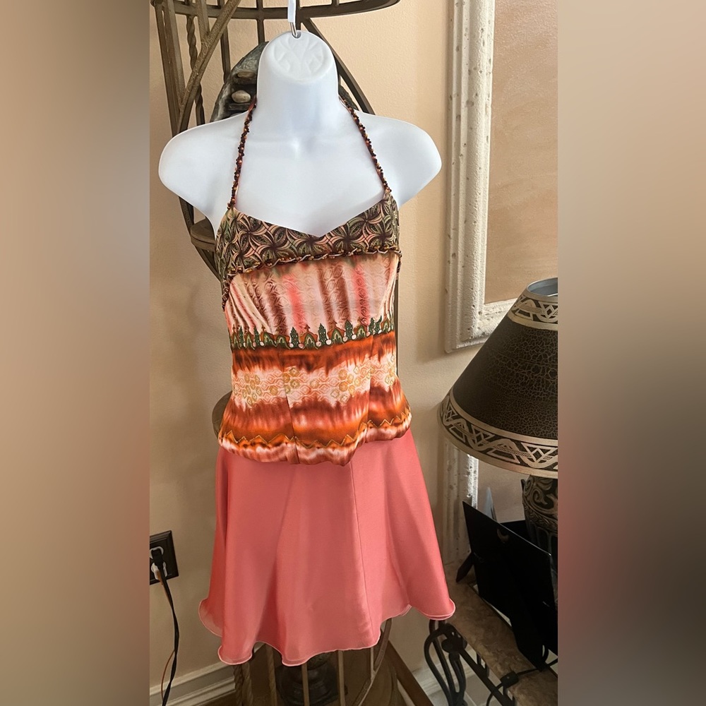 Fantastic 2 piece intricate print boned corset Top with Flared skirt S